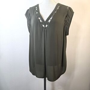 Danierainn Women’s Olive Blouse Plus Size 2X Crochet Circles Around Neckline